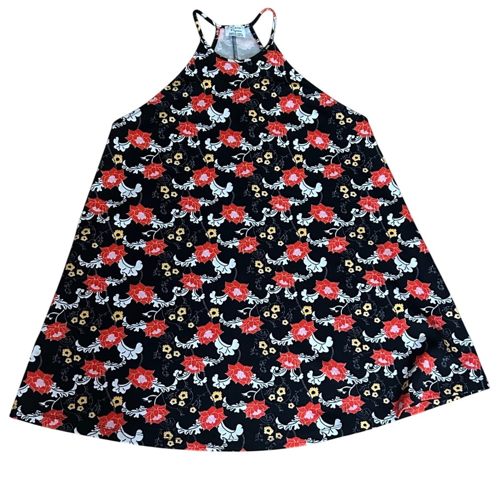 Zara Trafaluc Womens M Black Floral Swing Halter Dress Red Orange Racerback
